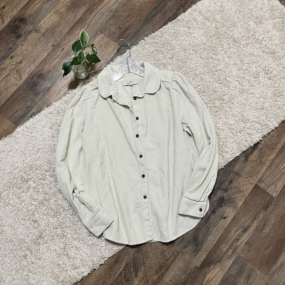 LOFT Size Small Cream Corduroy Button Down 100% Cotton Puff Shoulder Top